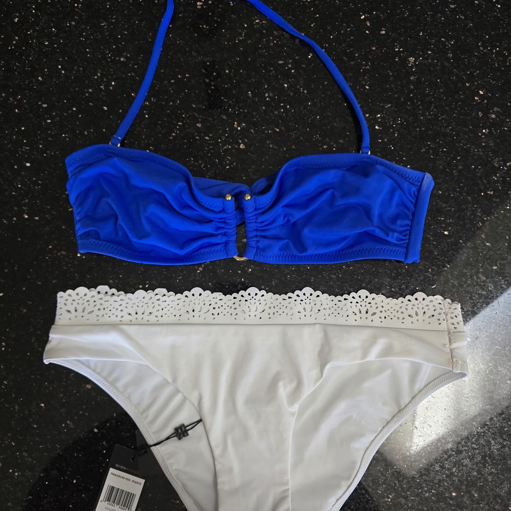 BCBGMaxAzria Blue & White Bikini - Bottoms NWT - Top Gold Hardware Accent -NICE!